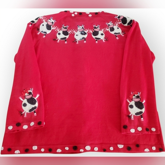 Y2K Holiday Red Vintage Dancing Cow Quirky Whimsical Knit Beaded Sequin Cardigan - Picture 4 of 8